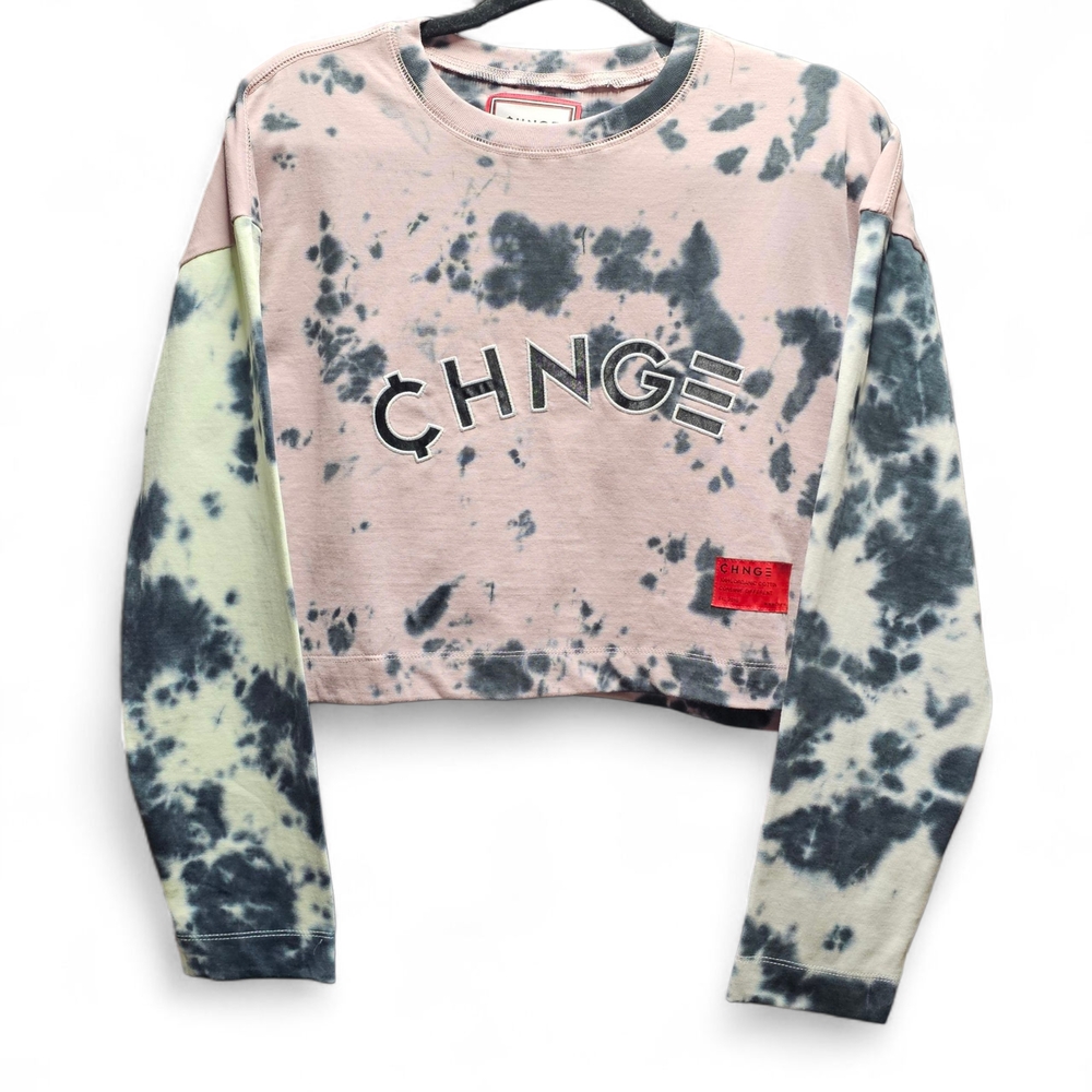 NEW CHNGE Long Sleeve Tie-Dye Crop Top - Pink and Green